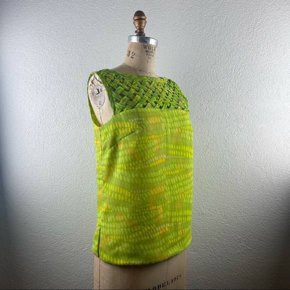 Vintage l 60s M Bright Green Criss-Cross Lattice Neckline Button-Down Back Shell - Picture 9 of 14